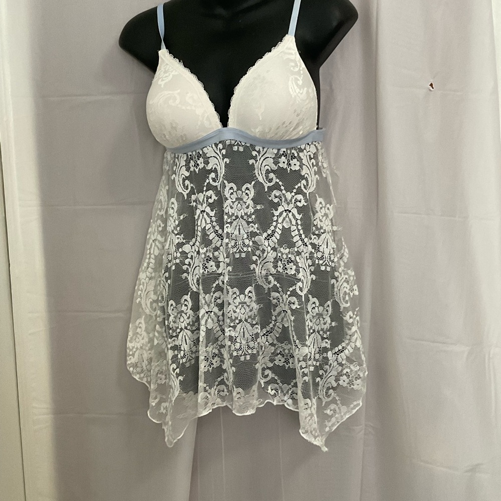 Secret Treasures White Lace Chemise with Light Blue Trim